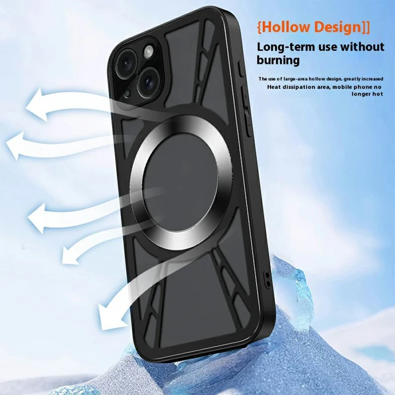 For iPhone 14 Magnetic Case Hollow Heat Dissipation PC + Silicone Phone Cover - Black
