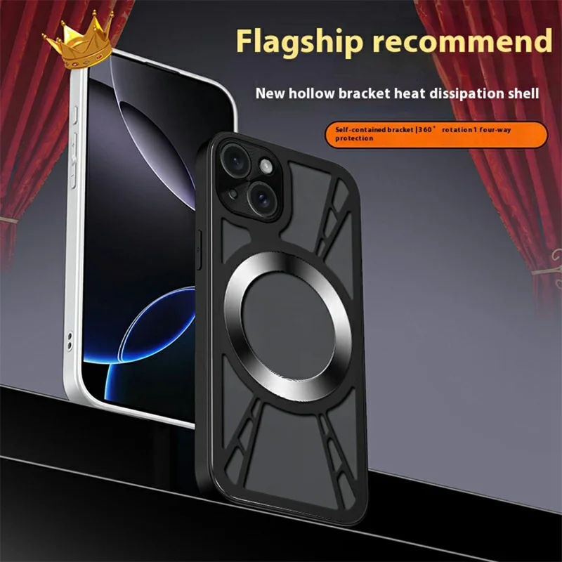 For iPhone 13 Magnetic Case Hollow Heat Dissipation PC + Silicone Phone Cover - Black