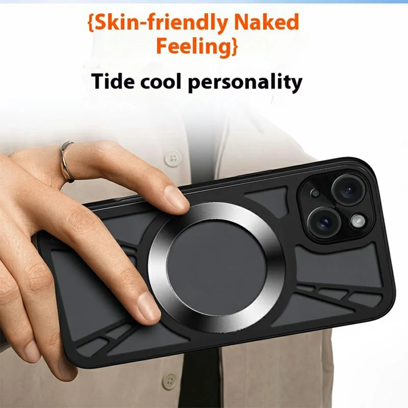 For iPhone 13 Magnetic Case Hollow Heat Dissipation PC + Silicone Phone Cover - Black