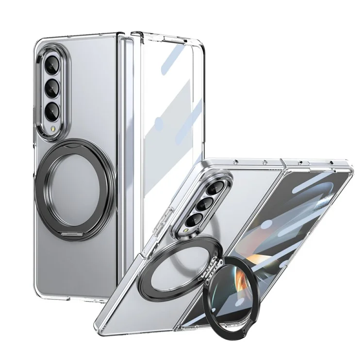 Für Samsung Galaxy Z Fold4 5G Hülle Magnetischer Ständer Transparente PC Handyhülle mit HD Displayschutzfolie - Schwarz