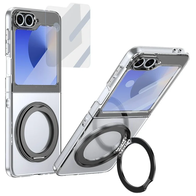 Чехол для Samsung Galaxy Z Flip6 5G с магнитной подставкой, прозрачный пластиковый чехол с HD защитной пленкой - Черный