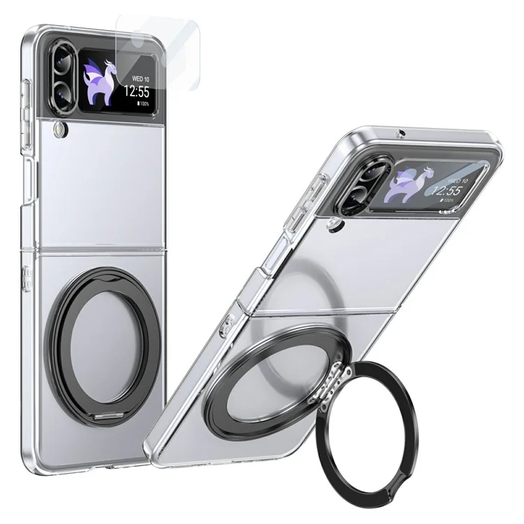 Funda para Samsung Galaxy Z Flip4 5G con Soporte Magnético, Carcasa Transparente de PC con Película Protectora de Pantalla HD - Negro