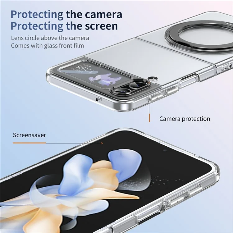 Funda para Samsung Galaxy Z Flip4 5G con Soporte Magnético, Carcasa Transparente de PC con Película Protectora de Pantalla HD - Negro