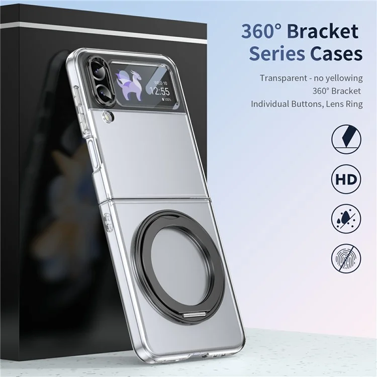 Funda para Samsung Galaxy Z Flip4 5G con Soporte Magnético, Carcasa Transparente de PC con Película Protectora de Pantalla HD - Negro