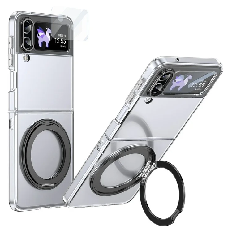 Чехол для Samsung Galaxy Z Flip3 5G с магнитной подставкой, прозрачный пластиковый чехол с HD защитной пленкой - Черный
