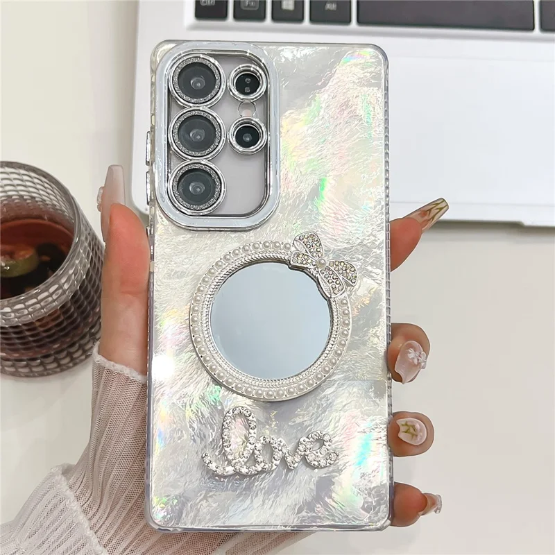 For Samsung Galaxy S25 Ultra Case with Mirror IMD PC + TPU Phone Cover with Glass Lens Film - Foil Pattern / Silver