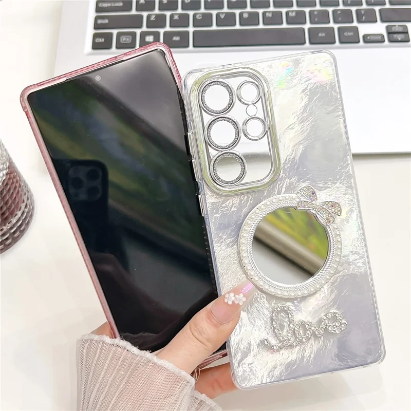 For Samsung Galaxy S25 Ultra Case with Mirror IMD PC + TPU Phone Cover with Glass Lens Film - Foil Pattern / Silver