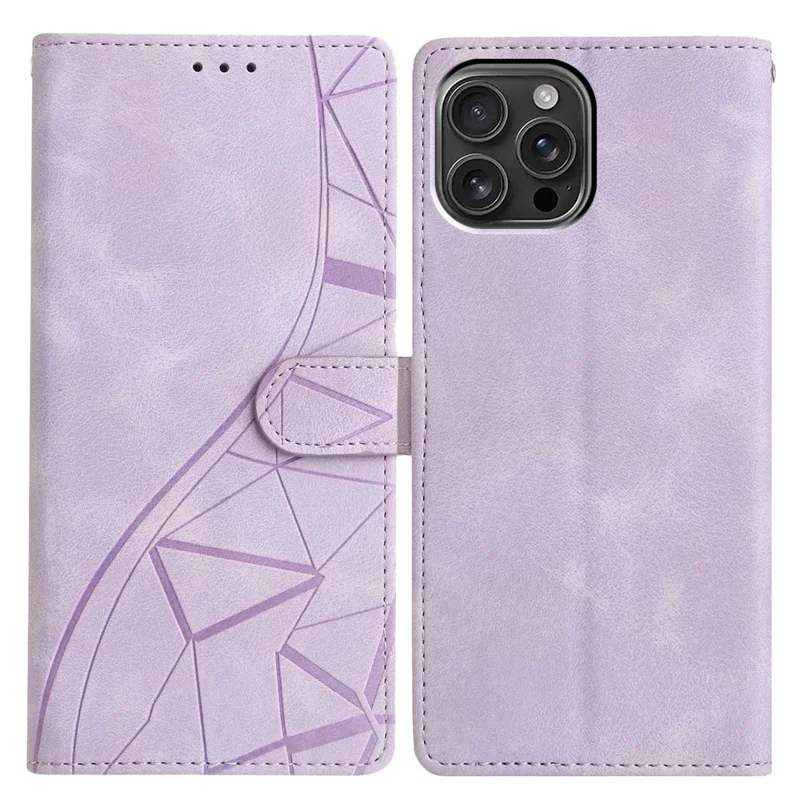 Capa Carteira para iPhone 16 Pro Max com Suporte, Padrão Triangular Impresso, Couro com Flip - Roxo