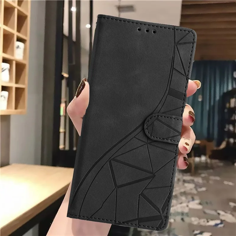 For iPhone 16 Pro Case Wallet Stand Imprinted Triangle Pattern Leather Phone Flip Cover - Black
