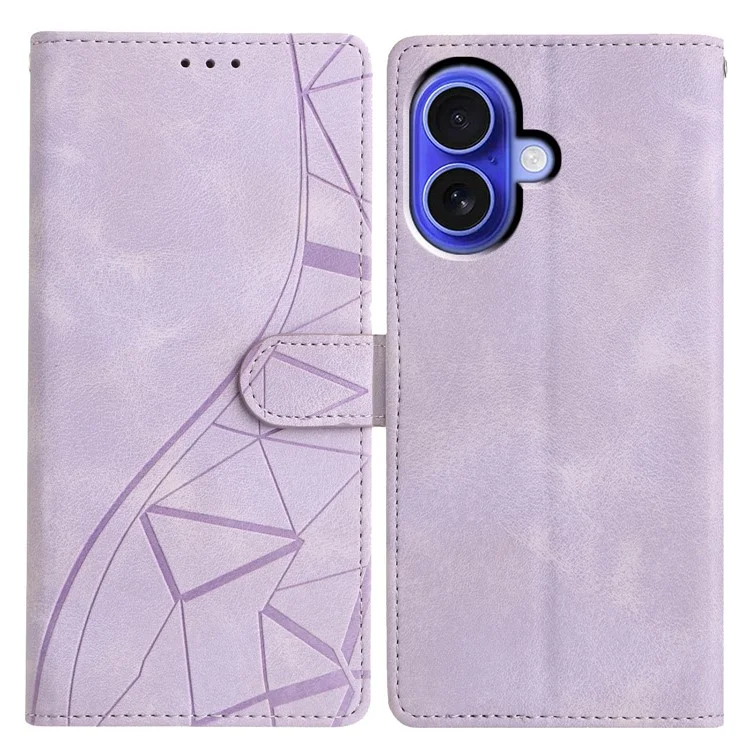 For iPhone 16 Case Wallet Stand Imprinted Triangle Pattern Leather Phone Flip Cover - Purple
