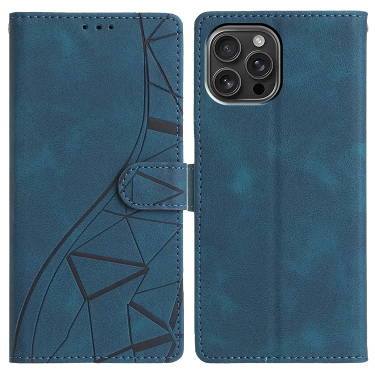 For iPhone 15 Pro Max Case Wallet Stand Imprinted Triangle Pattern Leather Phone Flip Cover - Blue