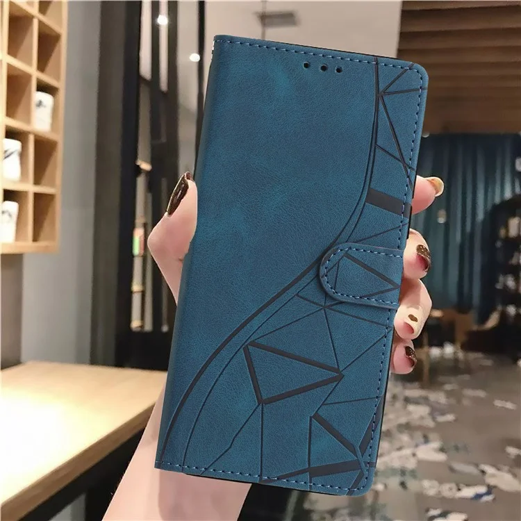 For iPhone 15 Pro Max Case Wallet Stand Imprinted Triangle Pattern Leather Phone Flip Cover - Blue
