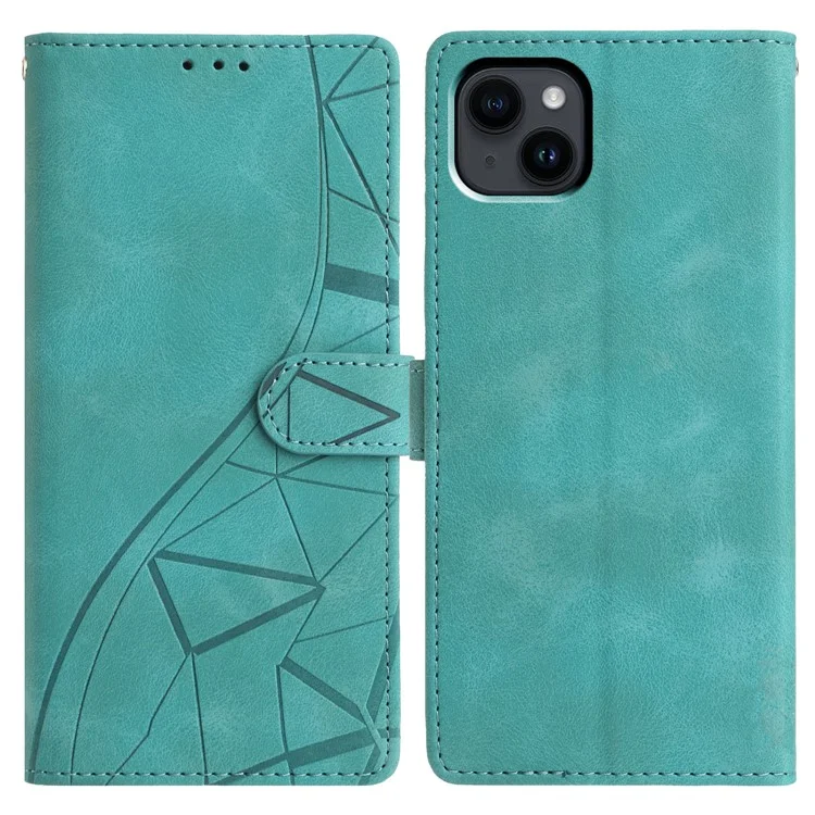 For iPhone 15 Case Wallet Stand Imprinted Triangle Pattern Leather Phone Flip Cover - Green