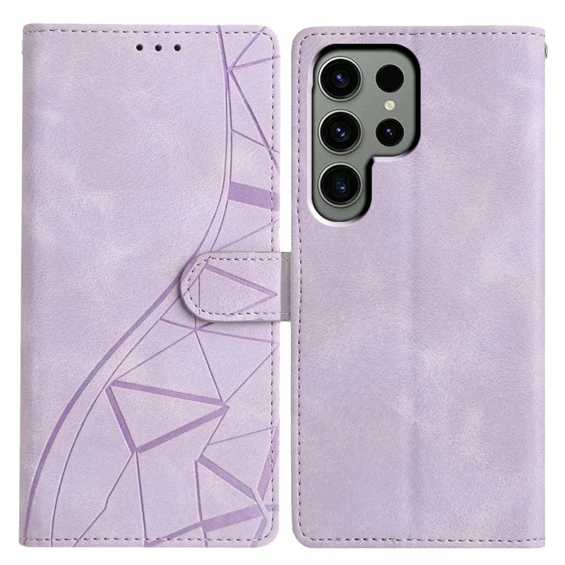 For Samsung Galaxy S24 Ultra Case Wallet Stand Imprinted Triangle Pattern Leather Phone Flip Cover - Purple