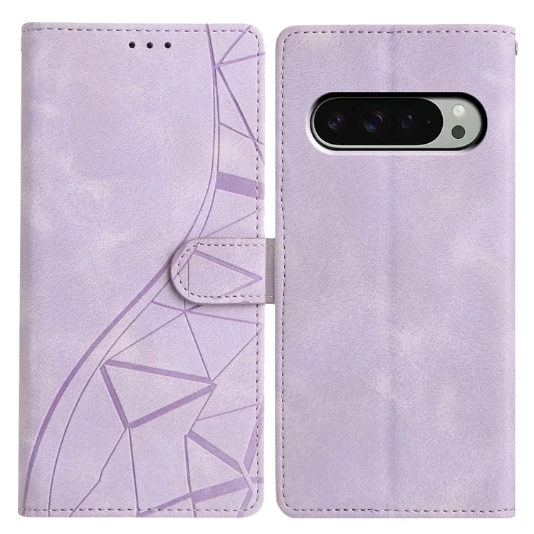 For Google Pixel 9 Pro  /  Pixel 9 Case Wallet Stand Imprinted Triangle Pattern Leather Phone Flip Cover - Purple