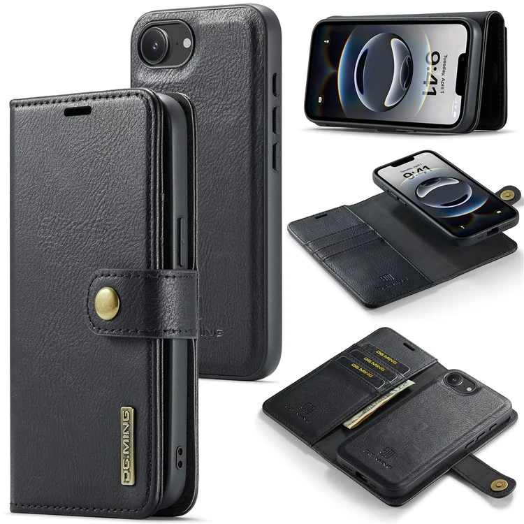 DG.MING for iPhone 16e Case Detachable Split Leather Phone Cover - Black