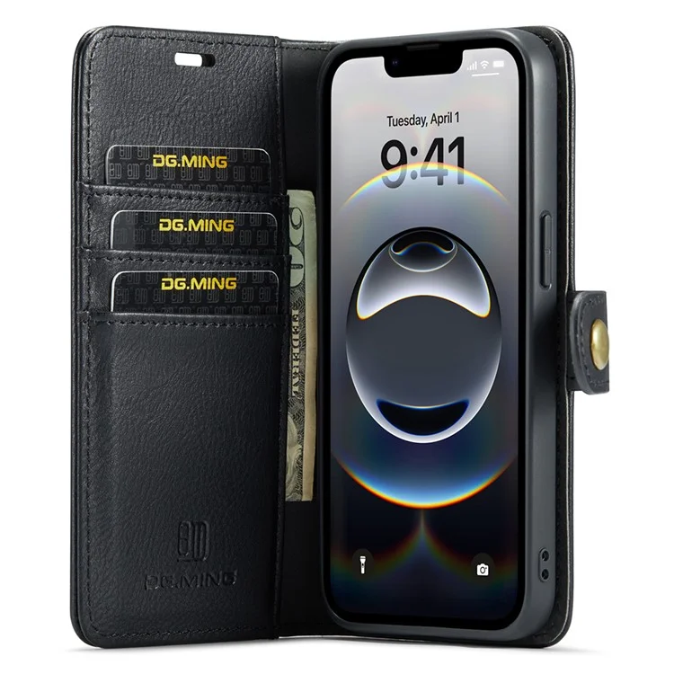 DG.MING for iPhone 16e Case Detachable Split Leather Phone Cover - Black