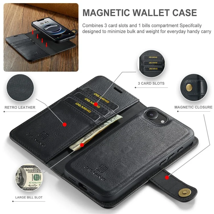 DG.MING for iPhone 16e Case Detachable Split Leather Phone Cover - Black