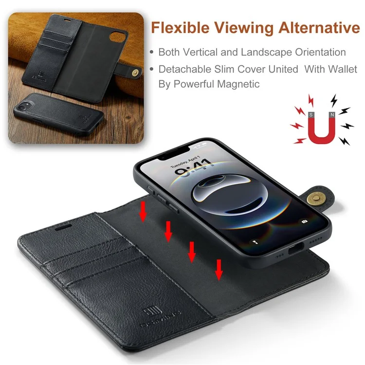 DG.MING for iPhone 16e Case Detachable Split Leather Phone Cover - Black