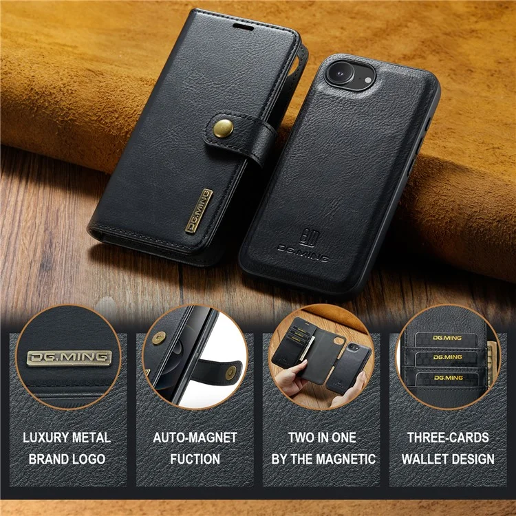 DG.MING for iPhone 16e Case Detachable Split Leather Phone Cover - Black