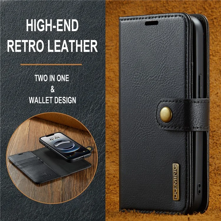 DG.MING for iPhone 16e Case Detachable Split Leather Phone Cover - Black