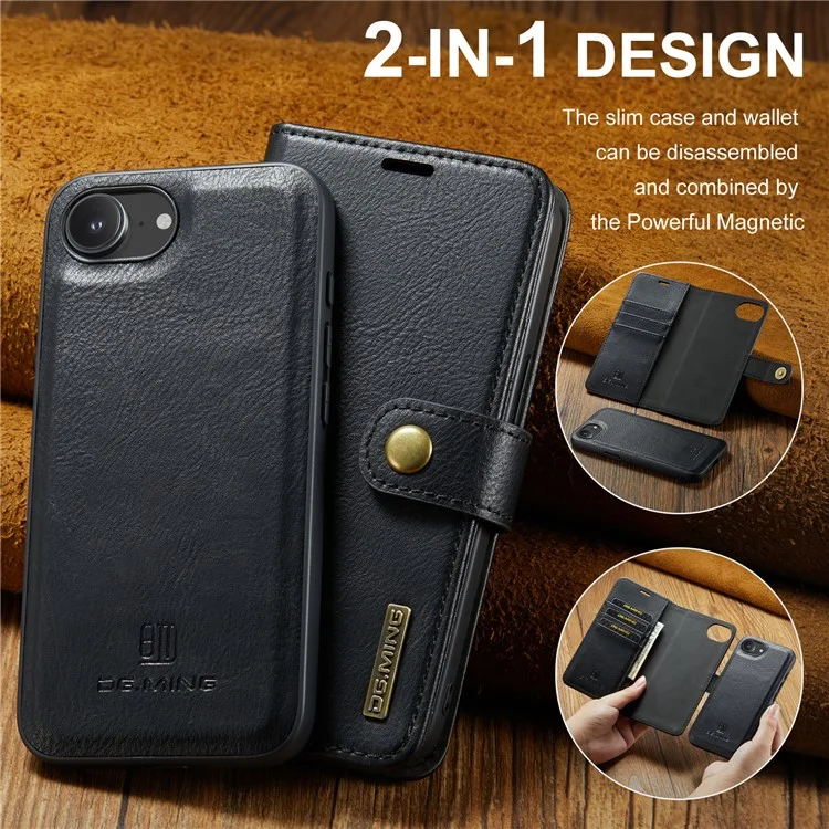 DG.MING for iPhone 16e Case Detachable Split Leather Phone Cover - Black