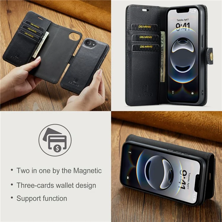 DG.MING for iPhone 16e Case Detachable Split Leather Phone Cover - Black