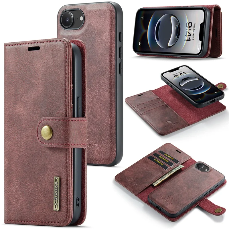 DG.MING for iPhone 16e Case Detachable Split Leather Phone Cover - Red