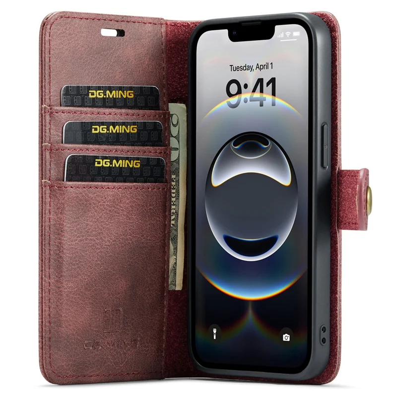 DG.MING for iPhone 16e Case Detachable Split Leather Phone Cover - Red
