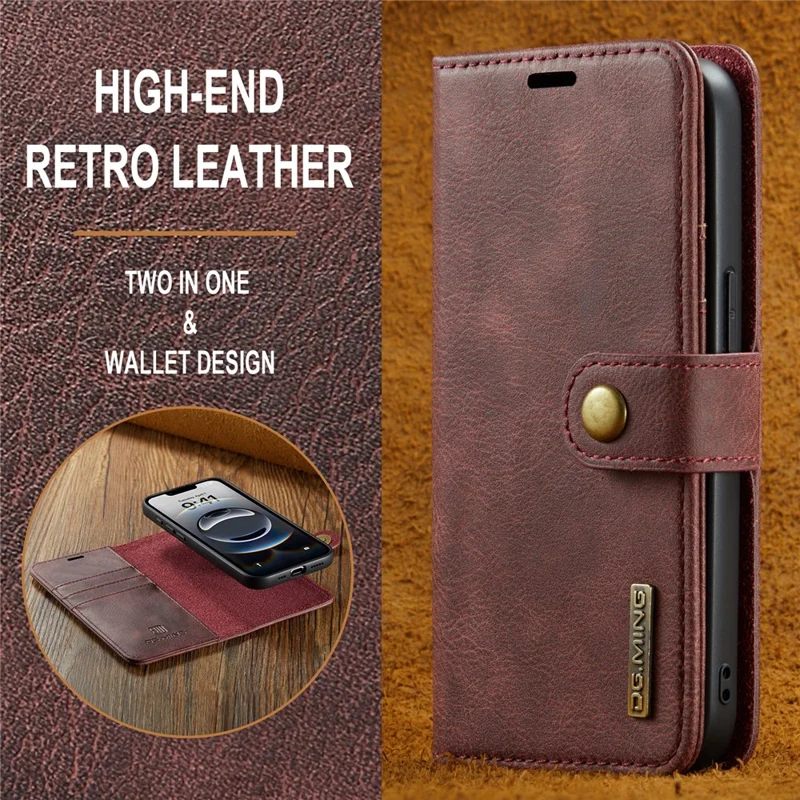 DG.MING for iPhone 16e Case Detachable Split Leather Phone Cover - Red