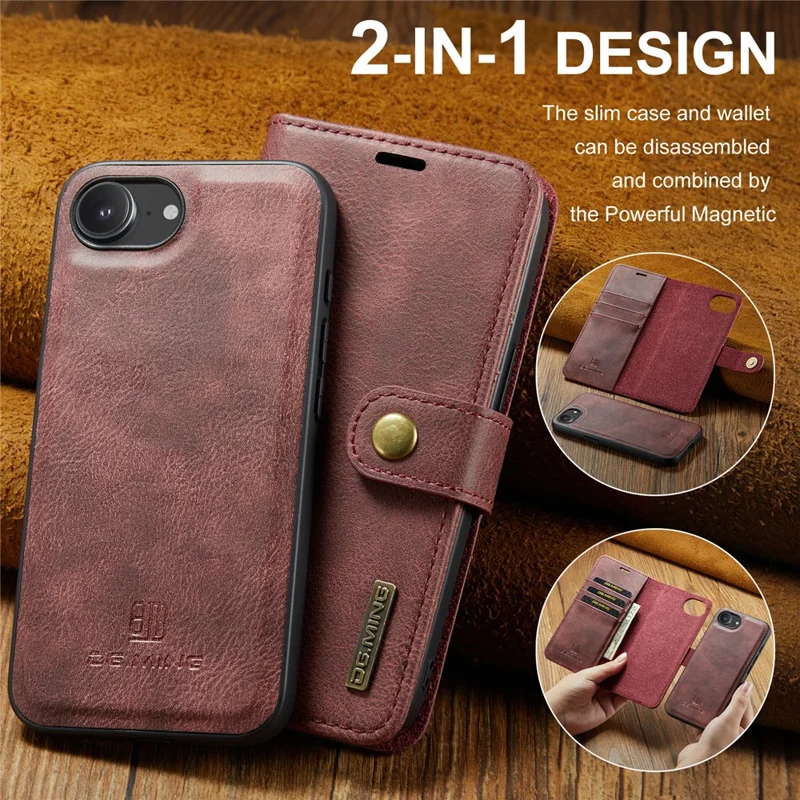 DG.MING for iPhone 16e Case Detachable Split Leather Phone Cover - Red