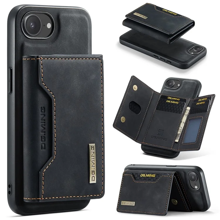 DG.MING M2 Series for iPhone 16e Case PU + PC + TPU Phone Cover Detachable Wallet - Black