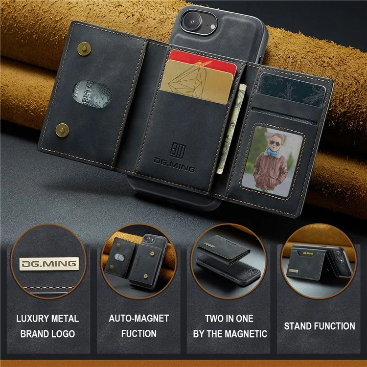 DG.MING M2 Series for iPhone 16e Case PU + PC + TPU Phone Cover Detachable Wallet - Black
