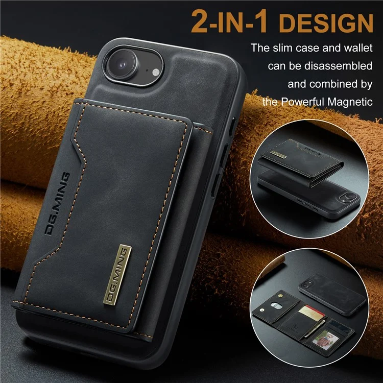 DG.MING M2 Series for iPhone 16e Case PU + PC + TPU Phone Cover Detachable Wallet - Black