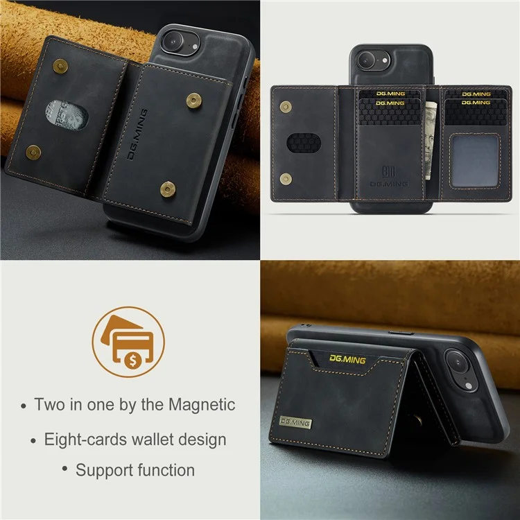 DG.MING M2 Series for iPhone 16e Case PU + PC + TPU Phone Cover Detachable Wallet - Black