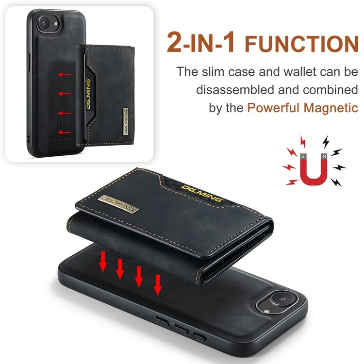 DG.MING M2 Series for iPhone 16e Case PU + PC + TPU Phone Cover Detachable Wallet - Black