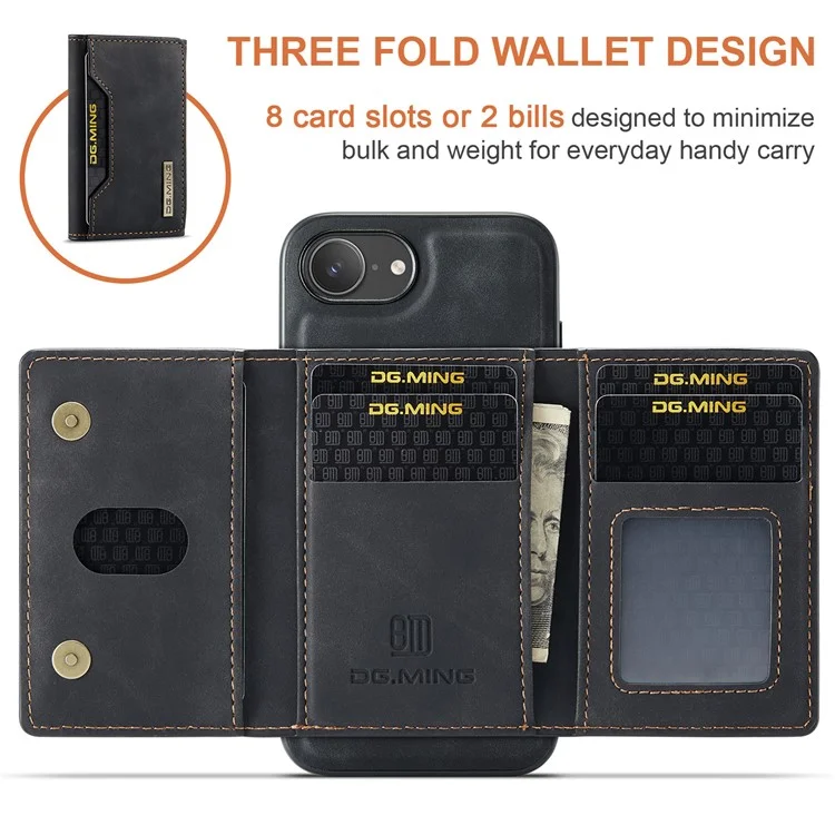 DG.MING M2 Series for iPhone 16e Case PU + PC + TPU Phone Cover Detachable Wallet - Black