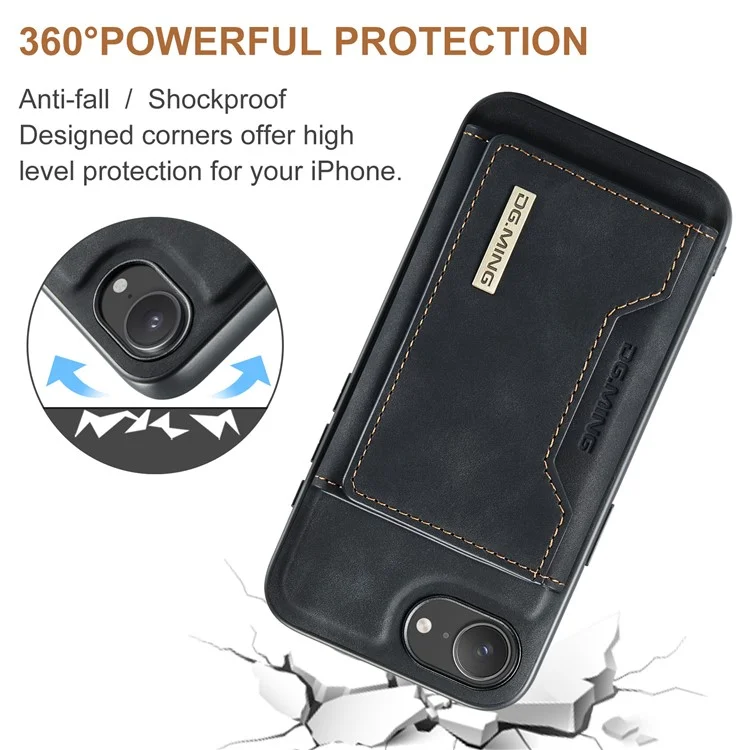 DG.MING M2 Series for iPhone 16e Case PU + PC + TPU Phone Cover Detachable Wallet - Black