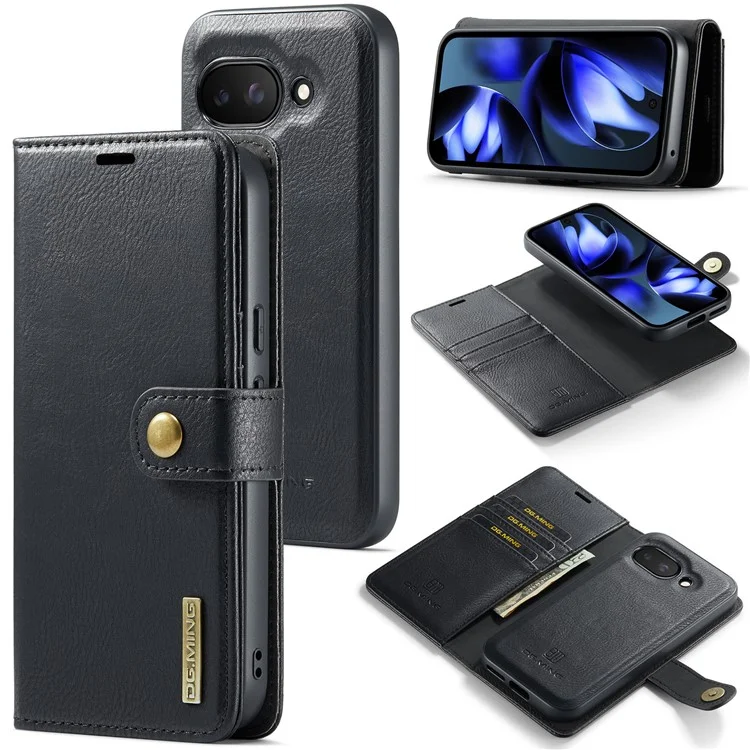 DG.MING for Google Pixel 9a Case Detachable Split Leather Phone Cover - Black