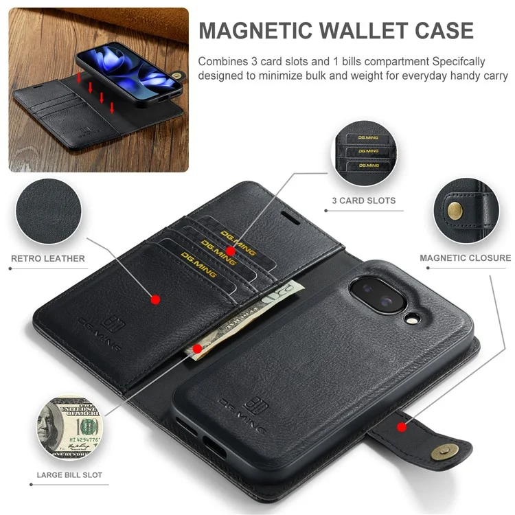 DG.MING for Google Pixel 9a Case Detachable Split Leather Phone Cover - Black