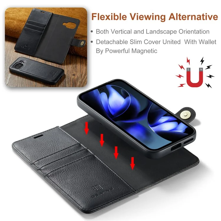 DG.MING for Google Pixel 9a Case Detachable Split Leather Phone Cover - Black