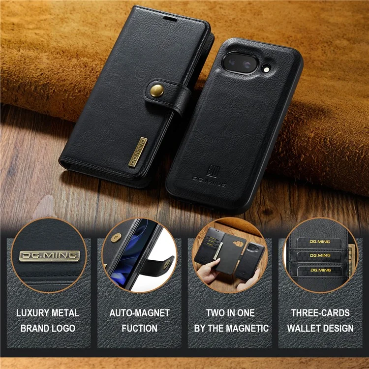 DG.MING for Google Pixel 9a Case Detachable Split Leather Phone Cover - Black