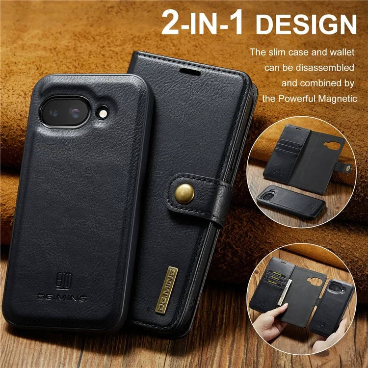 DG.MING for Google Pixel 9a Case Detachable Split Leather Phone Cover - Black