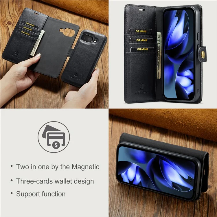 DG.MING for Google Pixel 9a Case Detachable Split Leather Phone Cover - Black