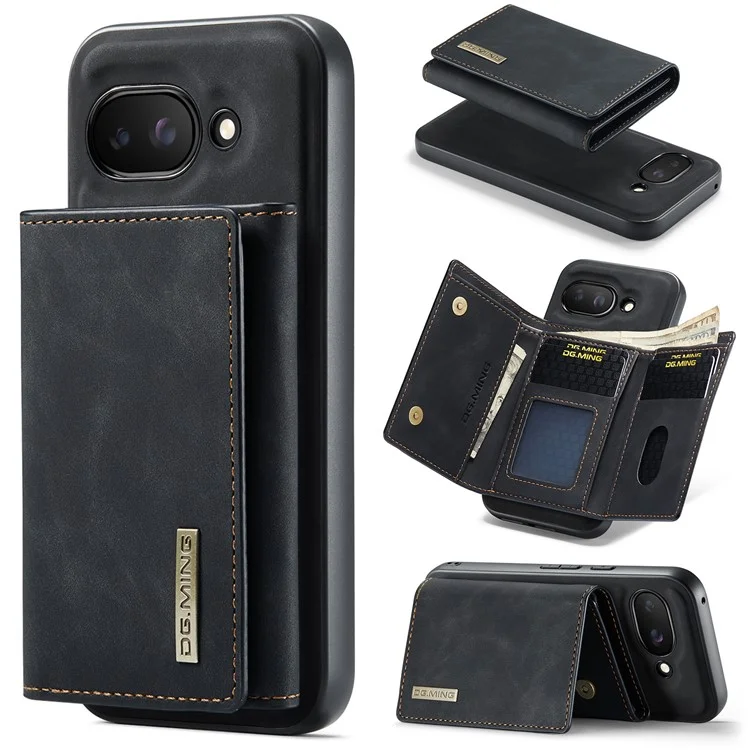 DG.MING M1 Series for Google Pixel 9a Case Kickstand PU Phone Cover with Detachable Wallet - Black