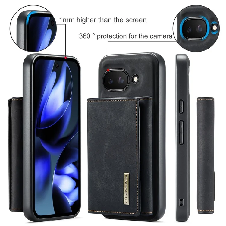 DG.MING M1 Series for Google Pixel 9a Case Kickstand PU Phone Cover with Detachable Wallet - Black