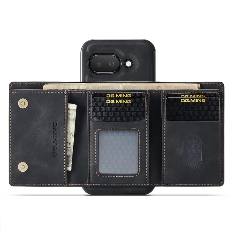 DG.MING M1 Series for Google Pixel 9a Case Kickstand PU Phone Cover with Detachable Wallet - Black