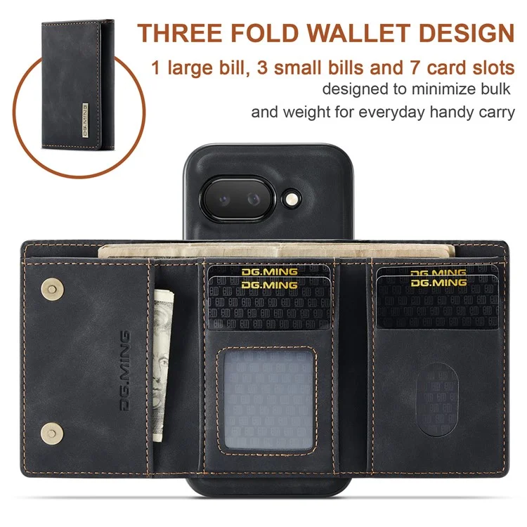 DG.MING M1 Series for Google Pixel 9a Case Kickstand PU Phone Cover with Detachable Wallet - Black