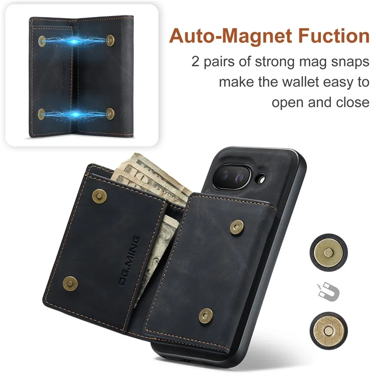 DG.MING M1 Series for Google Pixel 9a Case Kickstand PU Phone Cover with Detachable Wallet - Black