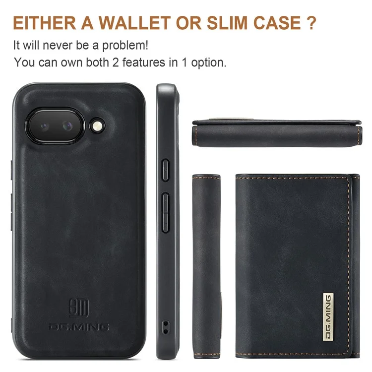 DG.MING M1 Series for Google Pixel 9a Case Kickstand PU Phone Cover with Detachable Wallet - Black